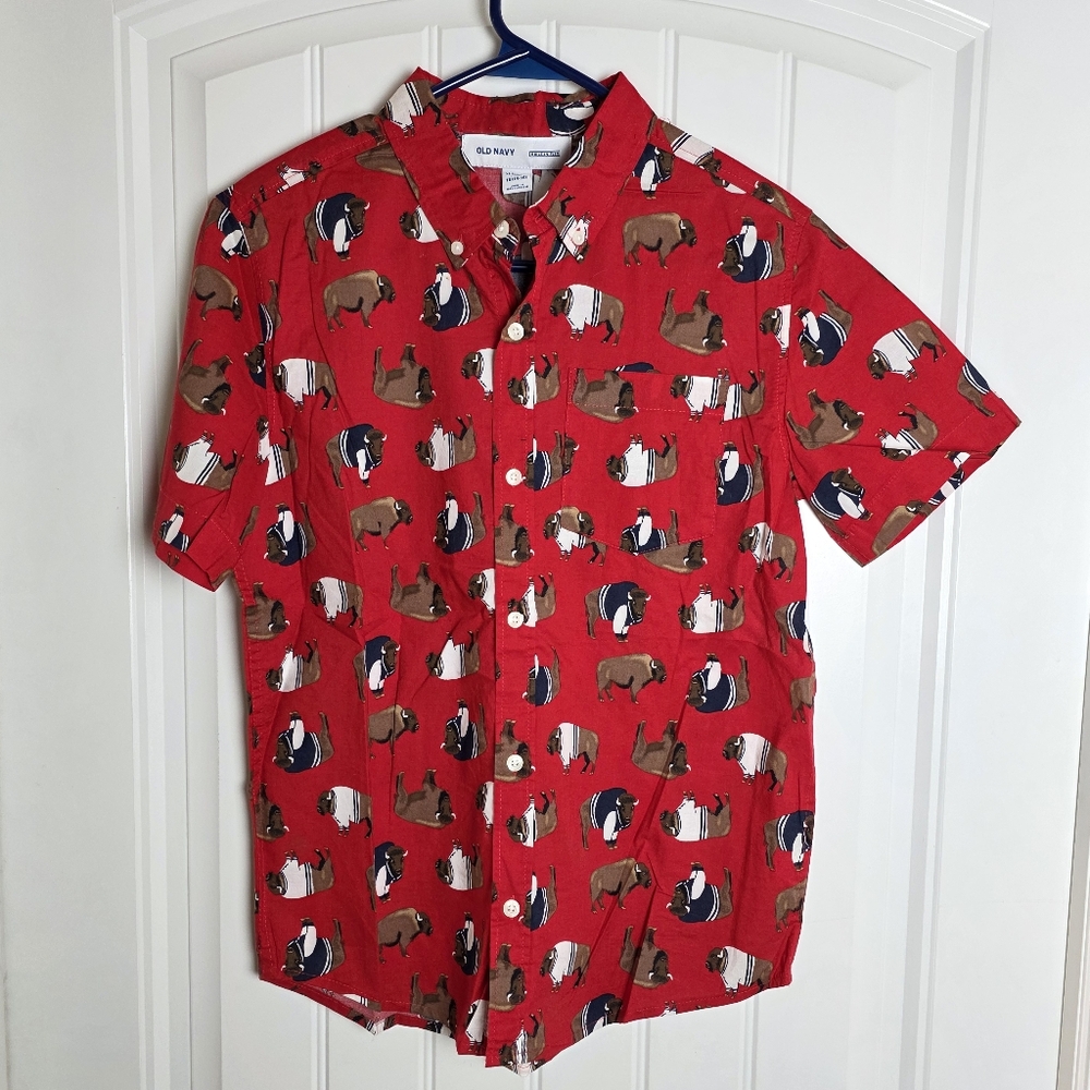 Boys Old Navy Short Sleeve Buffalo Red Dress Shirt XL 12-14